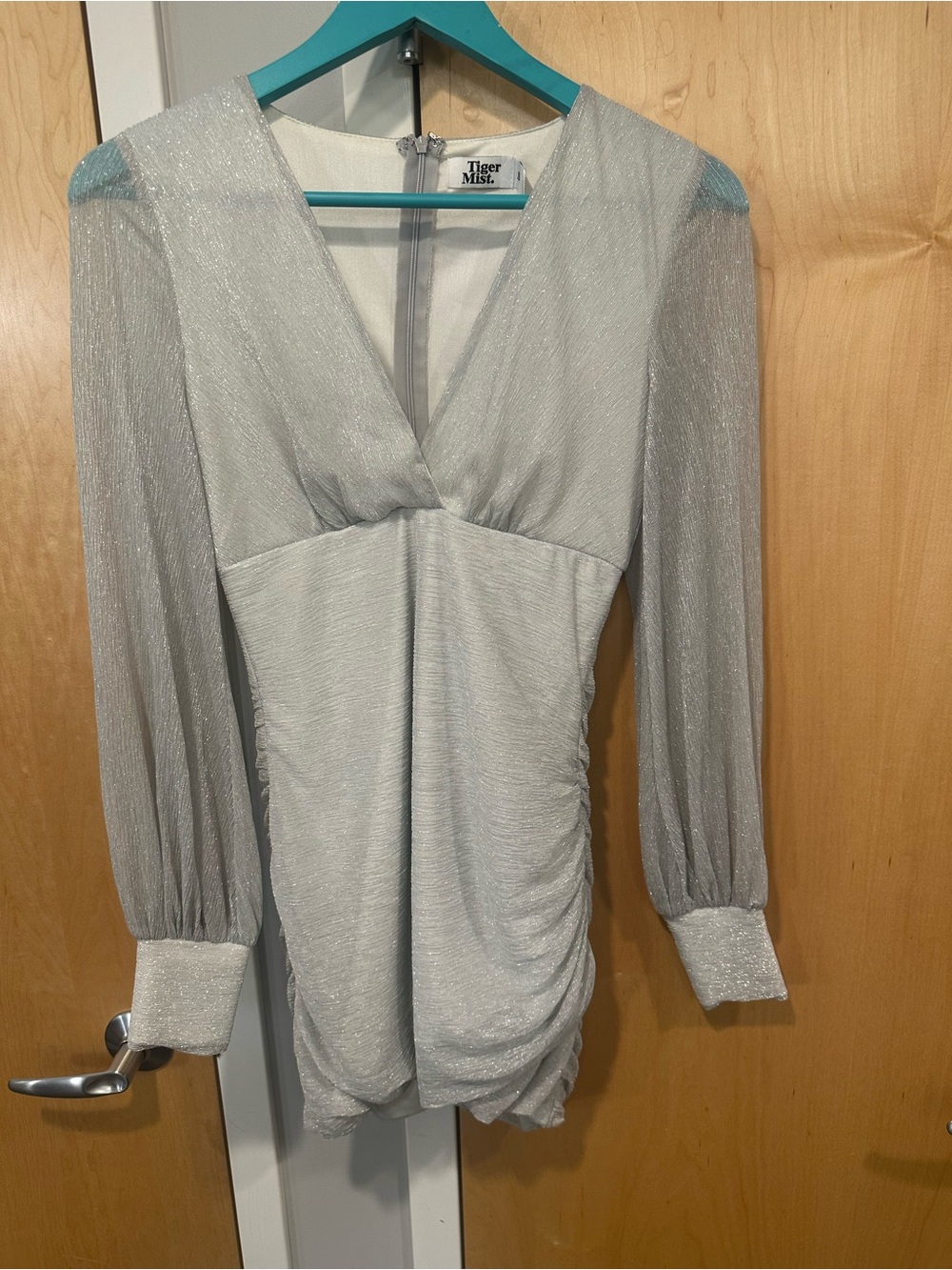 Tiger Mist Silver Shimmer V-Neck Ruched Mini Dress
